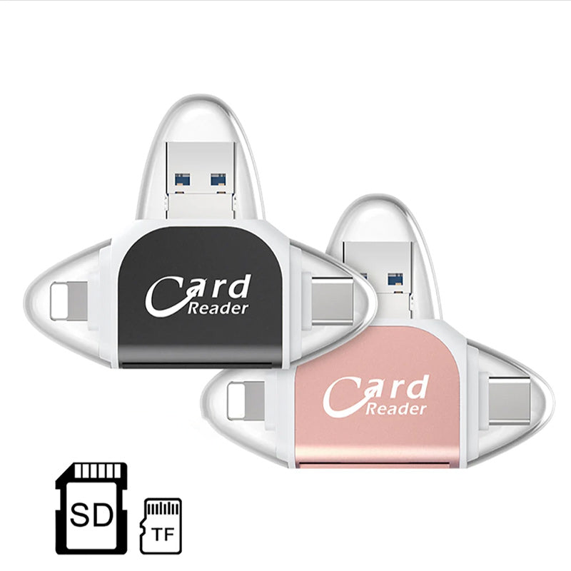 "4-i-1 kortleser med SD TF-kompatibilitet i rose gull, svart og hvit, for enheter med USB, Type C, Micro USB og Lightning."