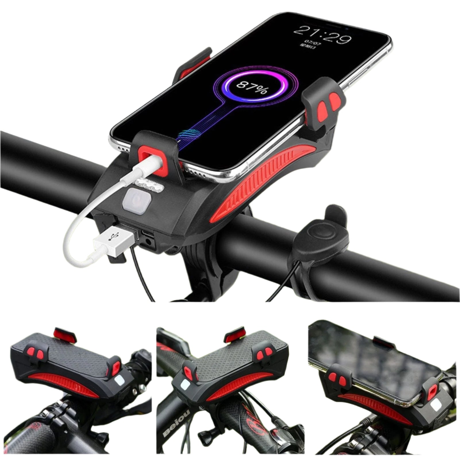 4-i-1 sykkeltilbehør med LED-lys, telefonholder, powerbank og klaxon, svart