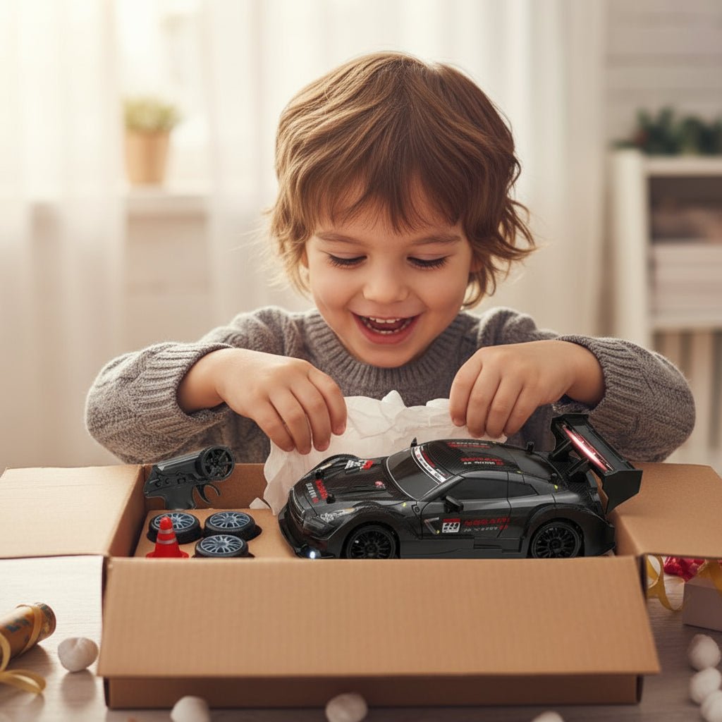 Høyhastighets fjernstyrt racerbil med LED-lys, klar for drift – en ekte hobbybil.