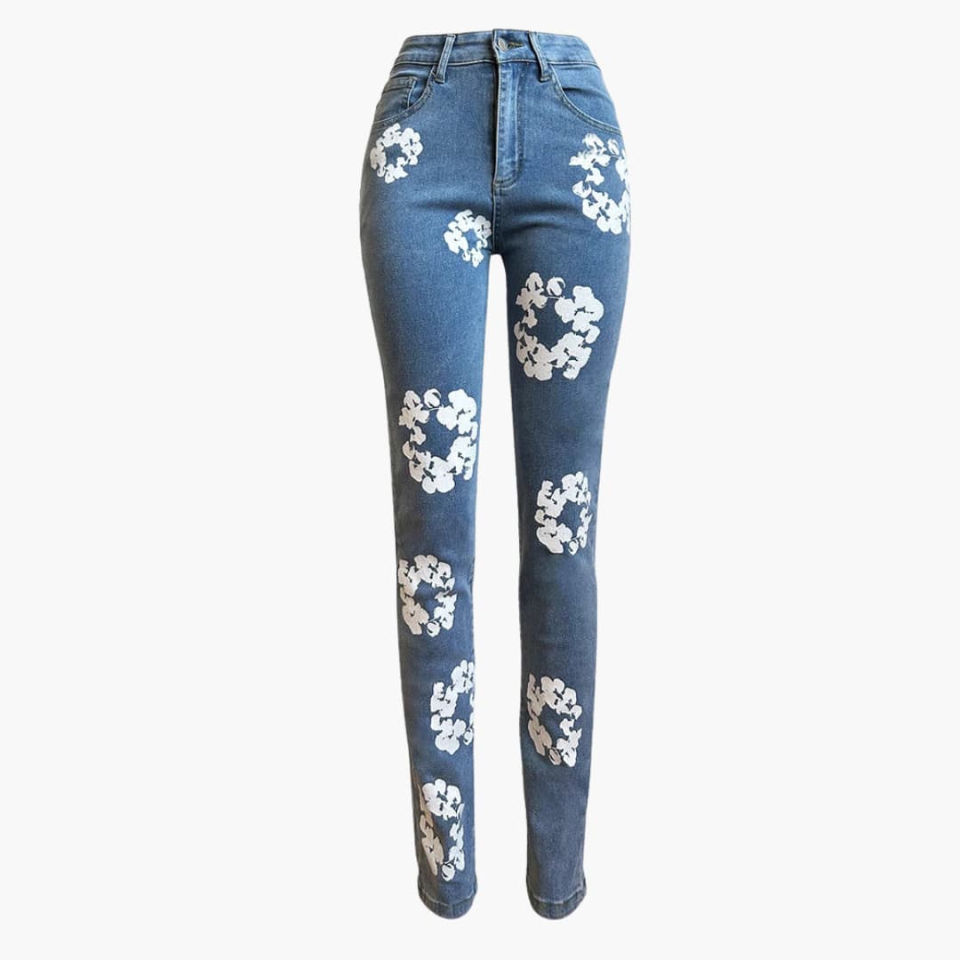 Alicia - Trendy blomstrete jeans med høy midje til dame