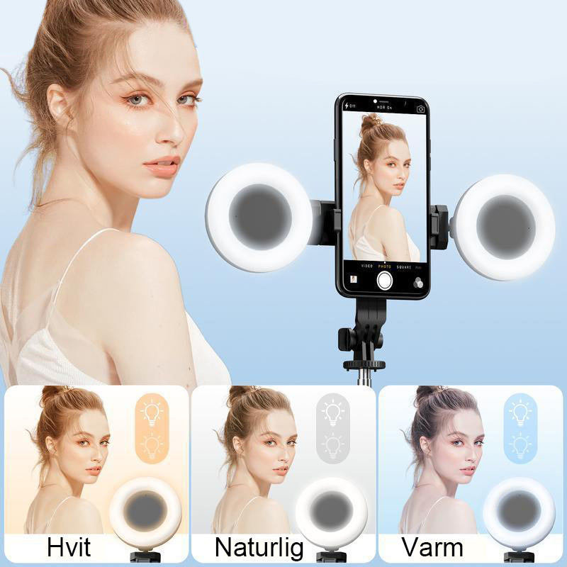 "6 i 1 lett selfie-stick med fylllys, justerbar, aluminium; optimal for selfies, streaming, og stabile videoer."