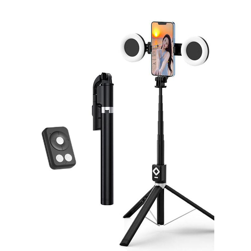 "6 i 1 lett selfie-stick med fylllys, justerbar, aluminium; optimal for selfies, streaming, og stabile videoer."