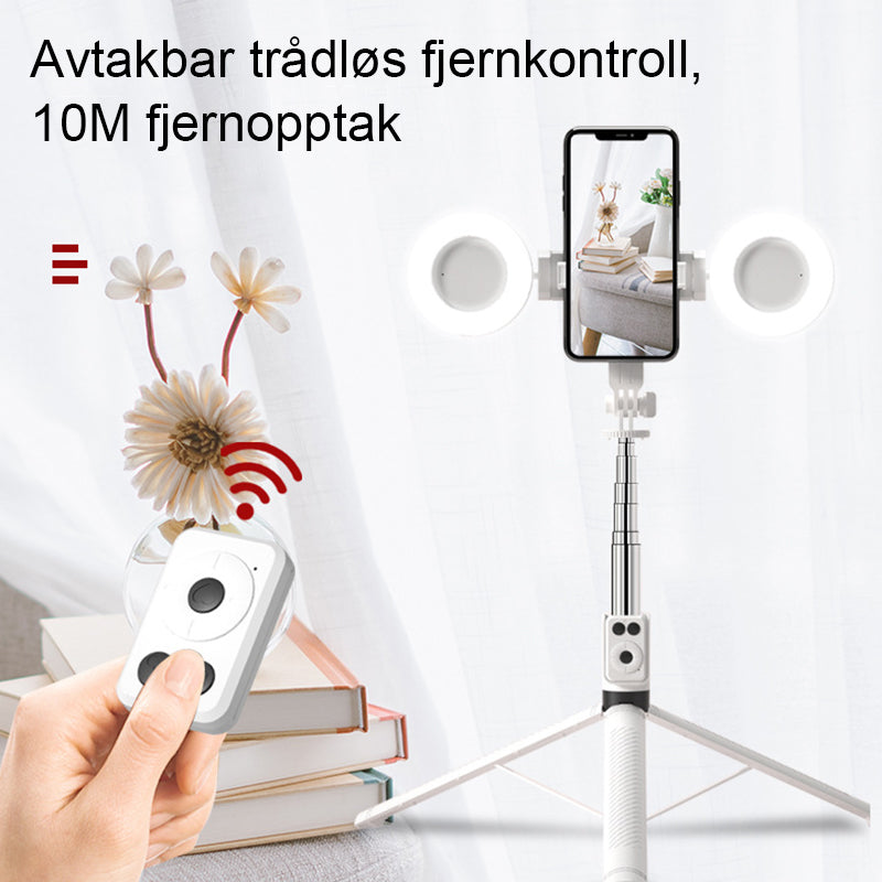 "6 i 1 lett selfie-stick med fylllys, justerbar, aluminium; optimal for selfies, streaming, og stabile videoer."