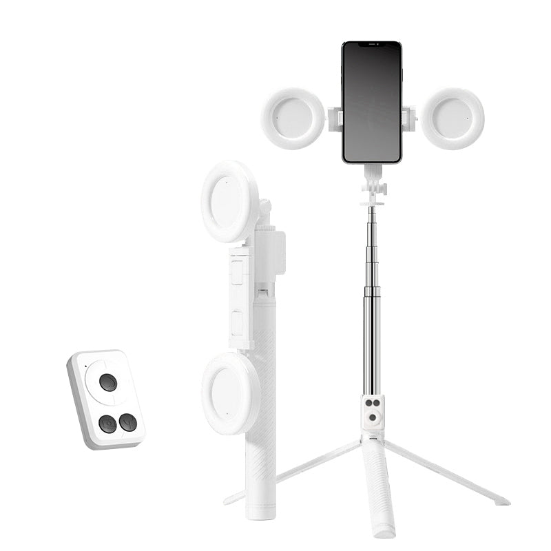 "6 i 1 lett selfie-stick med fylllys, justerbar, aluminium; optimal for selfies, streaming, og stabile videoer."