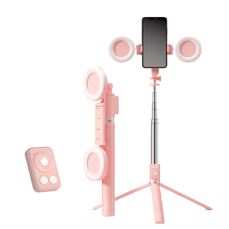 "6 i 1 lett selfie-stick med fylllys, justerbar, aluminium; optimal for selfies, streaming, og stabile videoer."