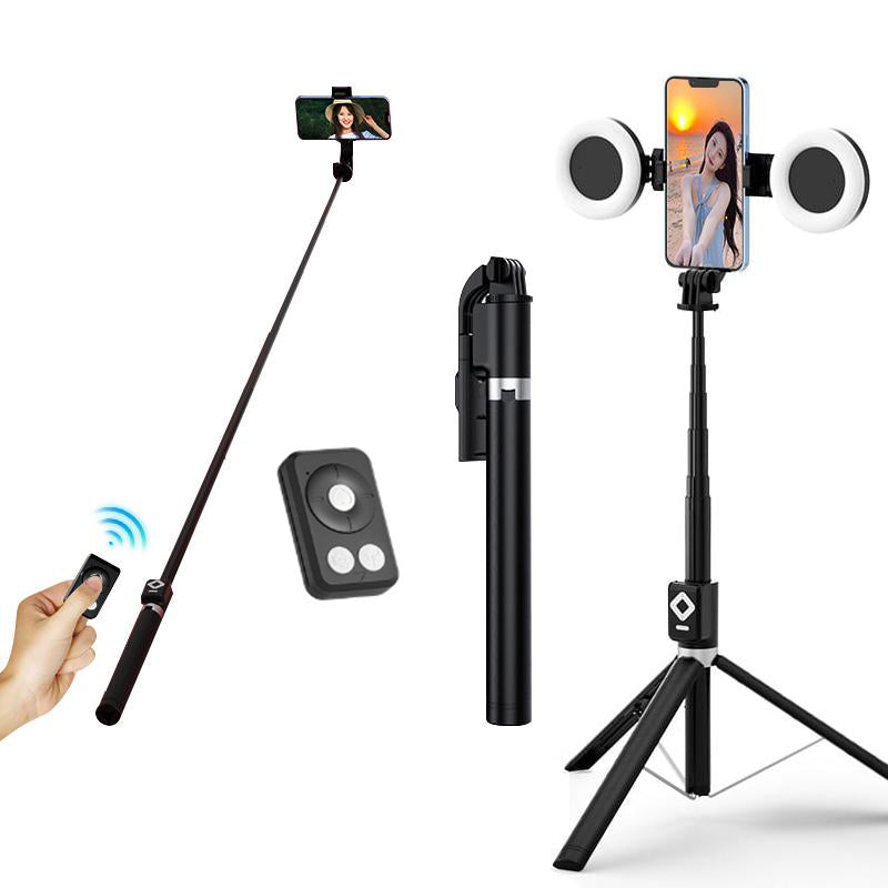 "6 i 1 lett selfie-stick med fylllys, justerbar, aluminium; optimal for selfies, streaming, og stabile videoer."