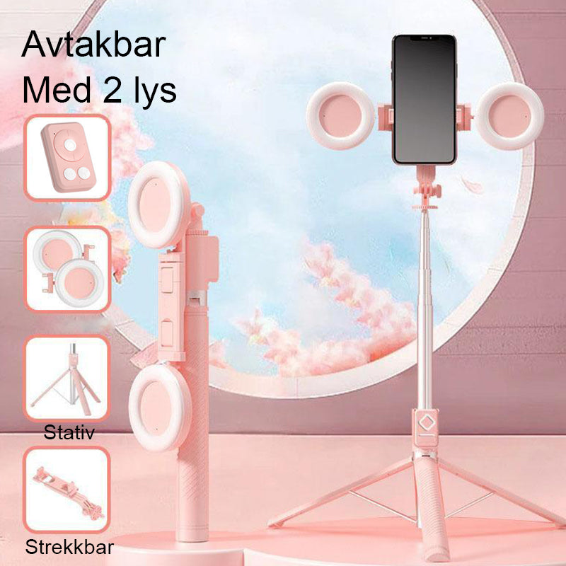 "6 i 1 lett selfie-stick med fylllys, justerbar, aluminium; optimal for selfies, streaming, og stabile videoer."