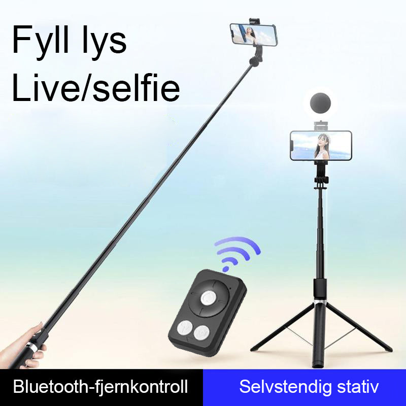 "6 i 1 lett selfie-stick med fylllys, justerbar, aluminium; optimal for selfies, streaming, og stabile videoer."