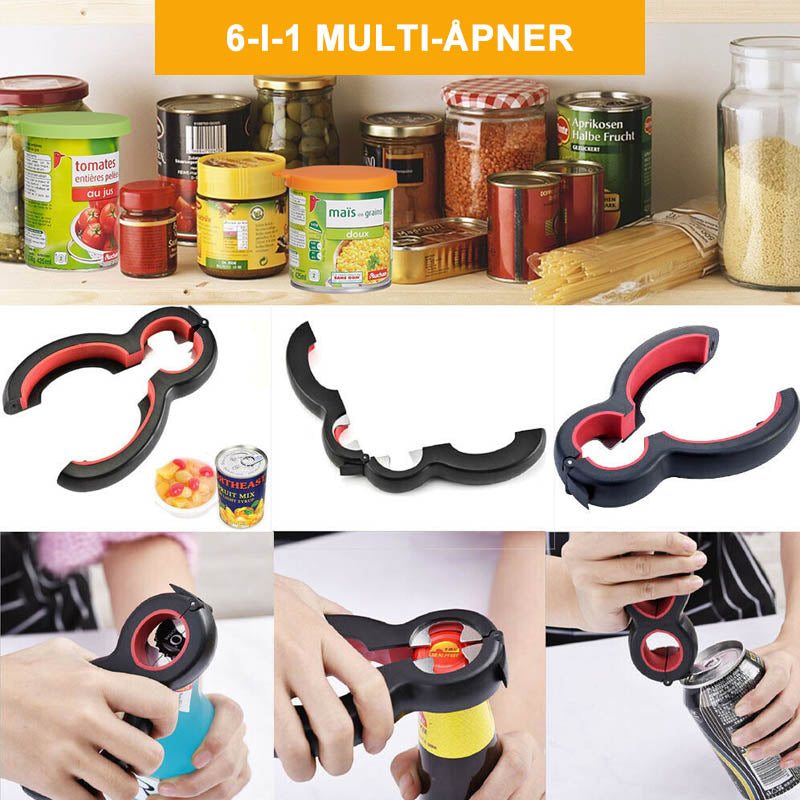 6-i-1 multifunksjon flaskeåpner av rustfritt stål og TPR med ergonomisk håndtak, ideell for kjøkkenet.