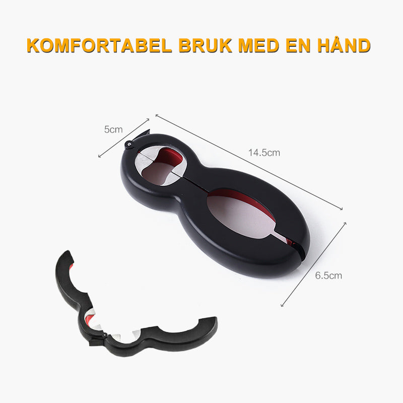 6-i-1 multifunksjon flaskeåpner av rustfritt stål og TPR med ergonomisk håndtak, ideell for kjøkkenet.
