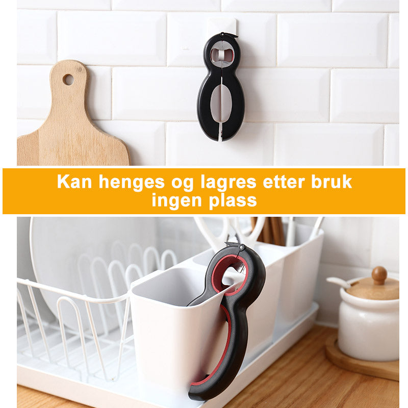 6-i-1 multifunksjon flaskeåpner av rustfritt stål og TPR med ergonomisk håndtak, ideell for kjøkkenet.