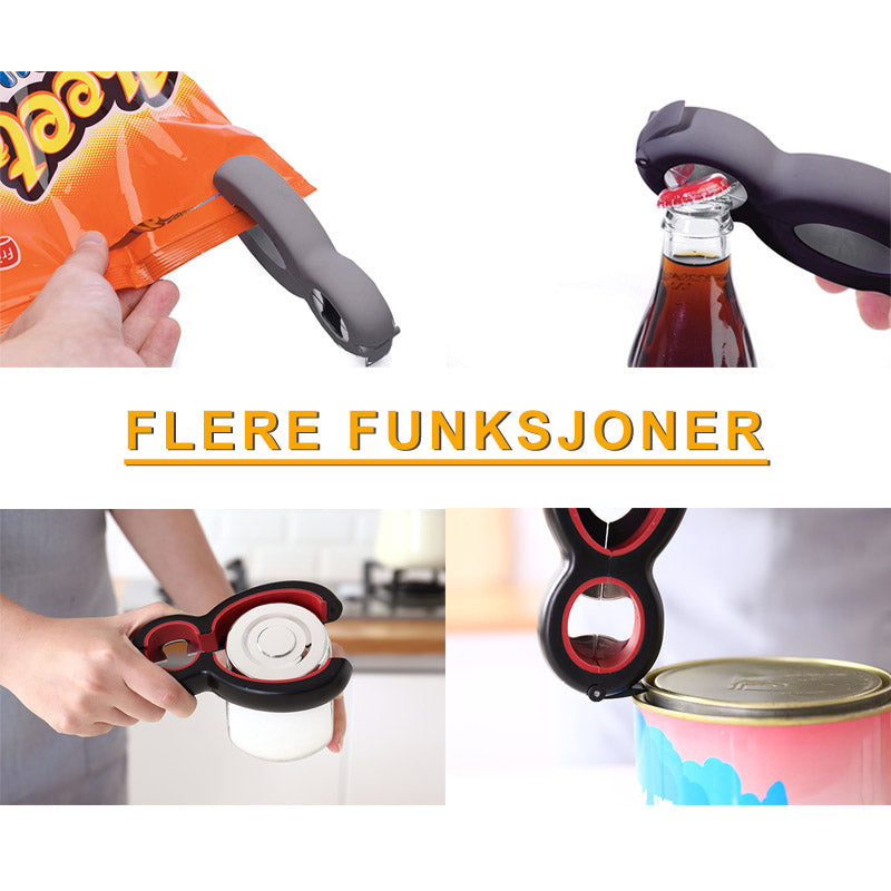 6-i-1 multifunksjon flaskeåpner av rustfritt stål og TPR med ergonomisk håndtak, ideell for kjøkkenet.