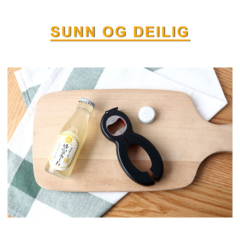6-i-1 multifunksjon flaskeåpner av rustfritt stål og TPR med ergonomisk håndtak, ideell for kjøkkenet.