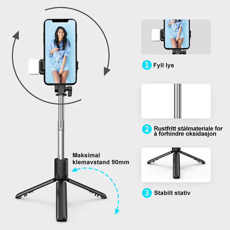 "6 i 1 trådløs Bluetooth selfiestang med forlengbart stativ, lys og fjernkontroll for perfekte selfies"