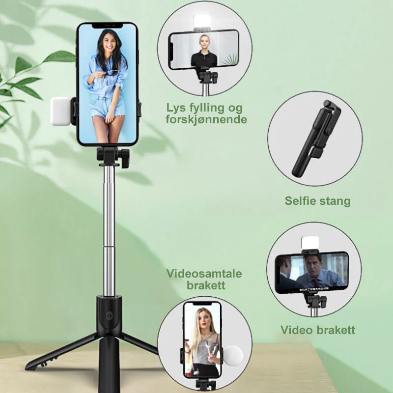 "6 i 1 trådløs Bluetooth selfiestang med forlengbart stativ, lys og fjernkontroll for perfekte selfies"