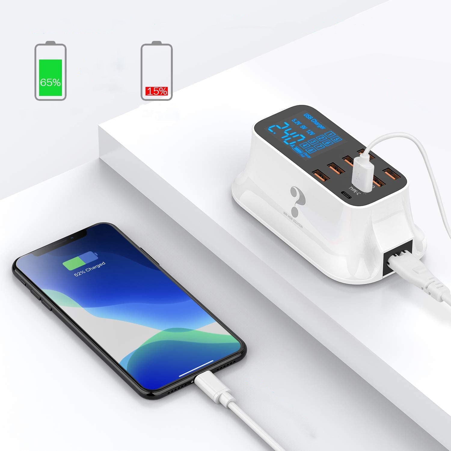 Nærbilde av en 8-ports USB-lader som viser hver port og funksjon for rask lading av gadgets.