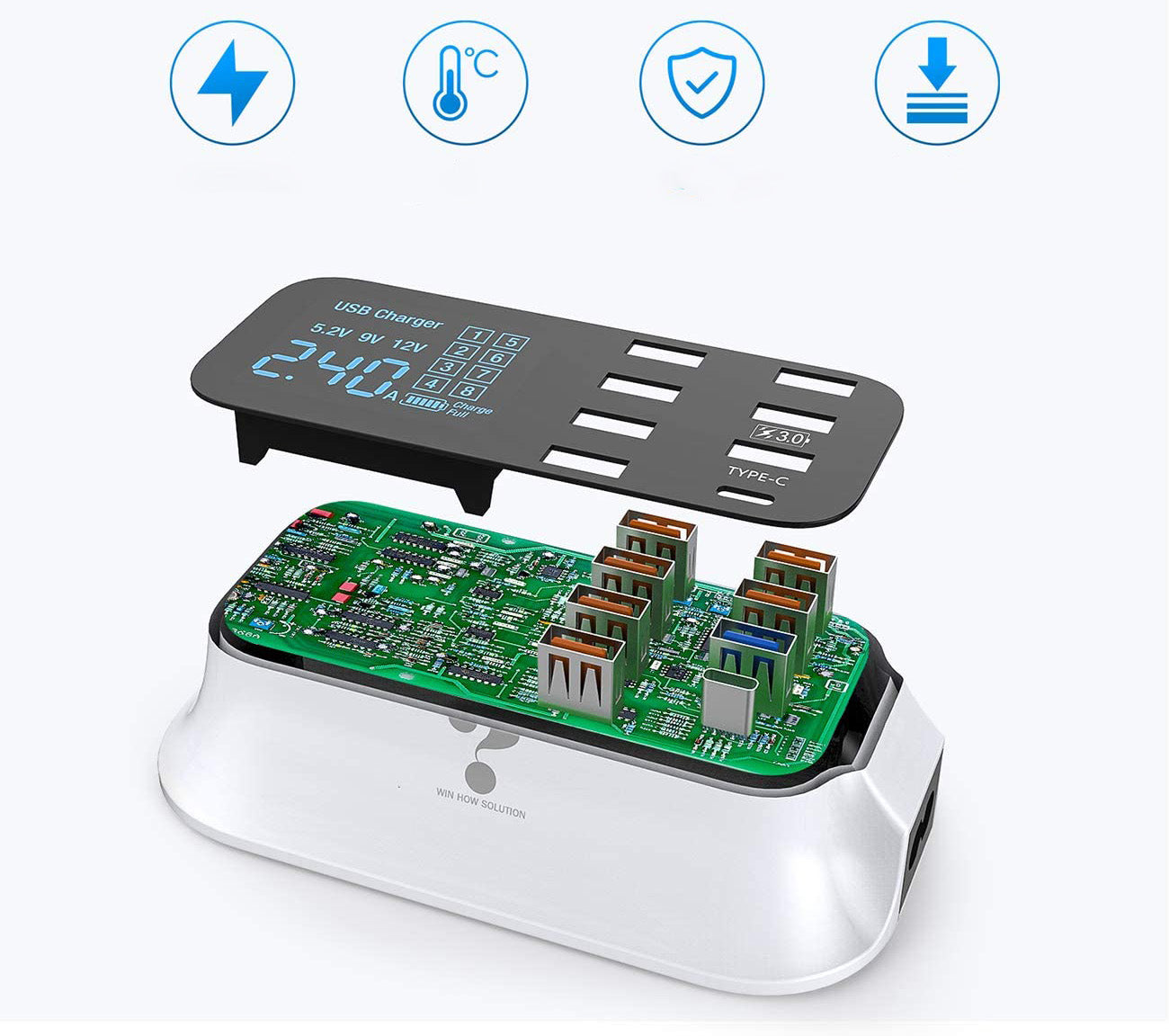 Oversiktsbilde av svart 8-porters USB-ladestasjon sammen med tilkoblede kabler for flere enheter.