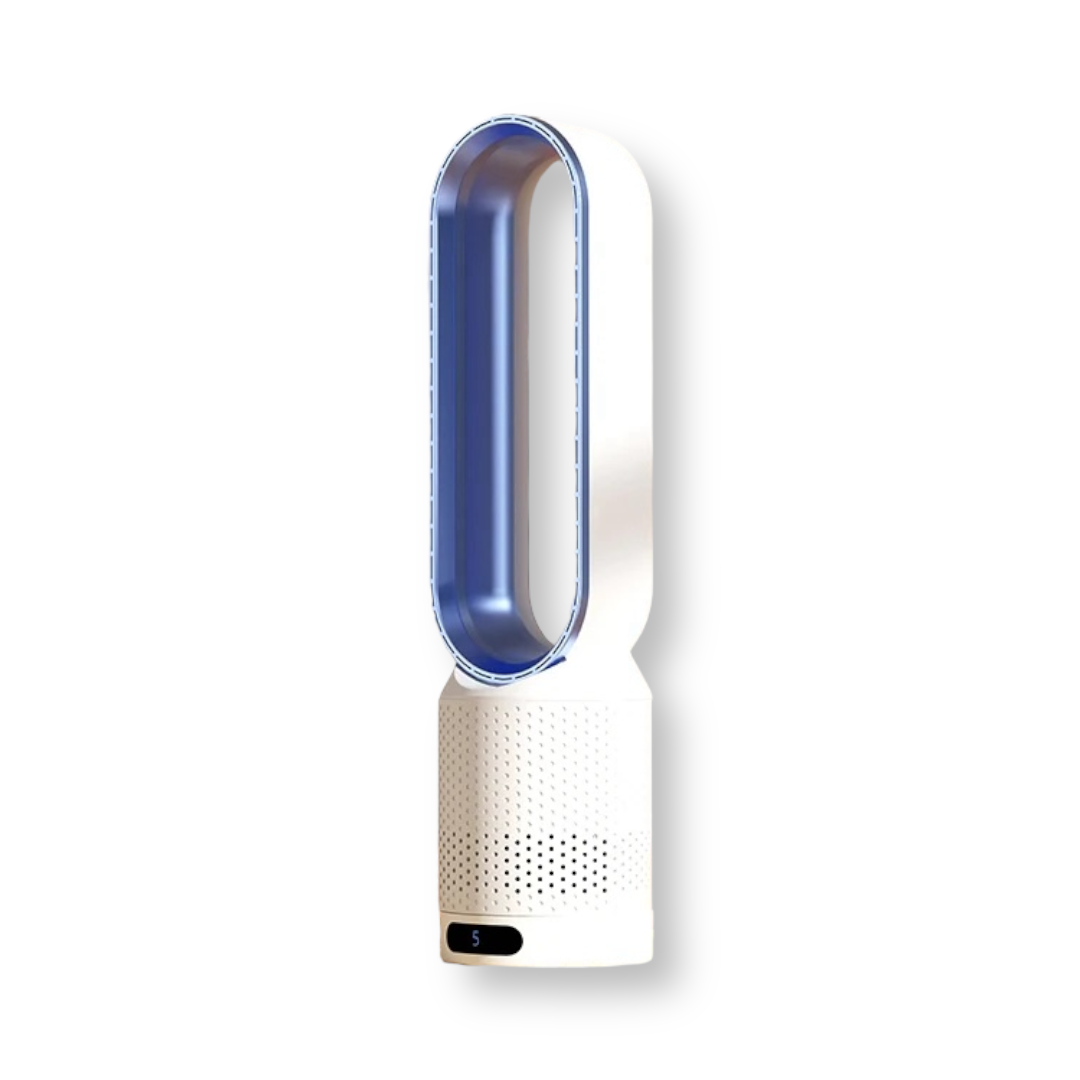 "AirPure 3-i-1 luftkjøler med UV rensing, ionisator og elegant hvit design for optimal luftkvalitet i hjem eller kontor."