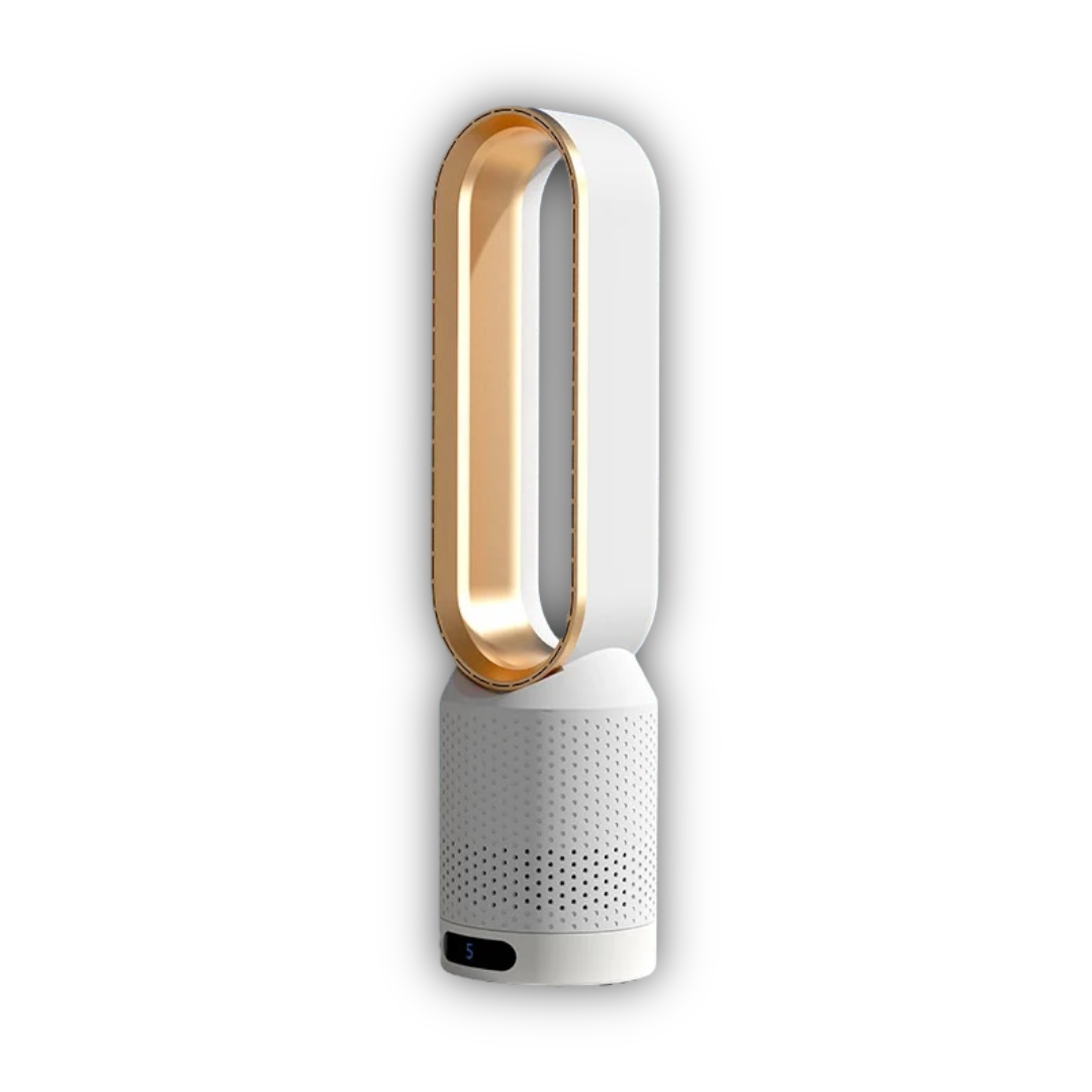 "AirPure 3-i-1 luftkjøler med UV rensing, ionisator og elegant hvit design for optimal luftkvalitet i hjem eller kontor."