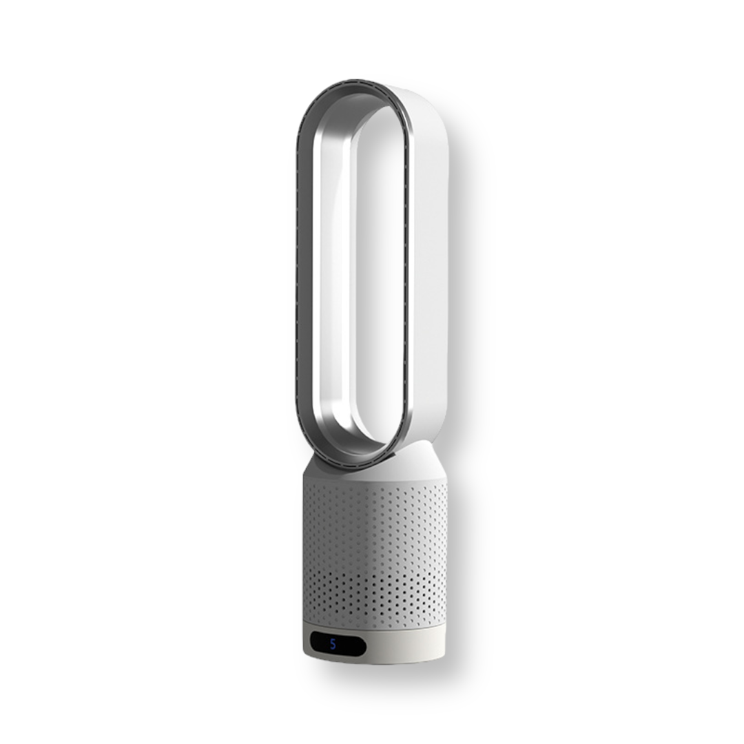 "AirPure 3-i-1 luftkjøler med UV rensing, ionisator og elegant hvit design for optimal luftkvalitet i hjem eller kontor."