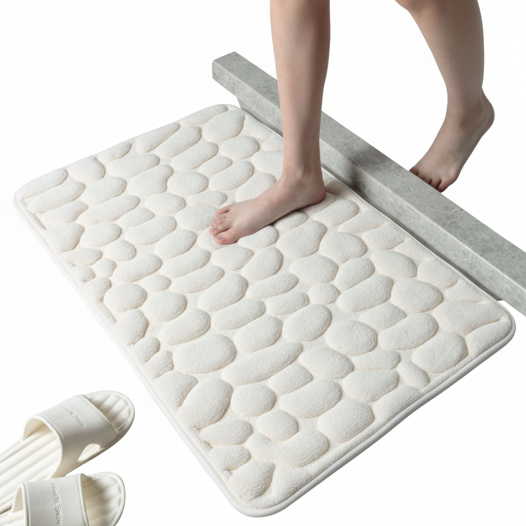 Antiskli badematte for sikker dusj. Myk, komfortabel, vannabsorberende med rullesteinsdesign.