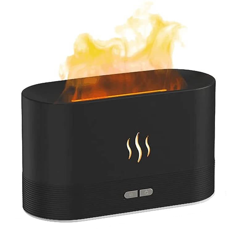Aroma Flamme Diffuser Luftfukter med oransje flammeeffekt, perfekt for velvære i stuen.