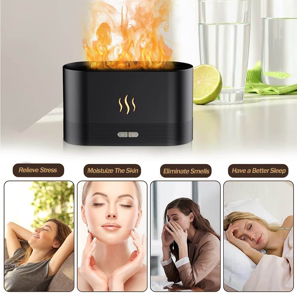 Detaljer av Aroma Flamme Diffuser Luftfukter, med fokus på design og brukervennlighet.
