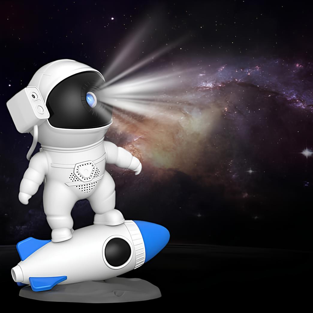 Søt astronaut nattlampe på barnerom, projiserer beroligende stjerner og galakser.