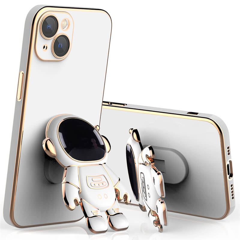 iPhone med astronaut-deksel. Viser det unike designet, ergonomisk passform og hvordan stativet løfter telefonen.