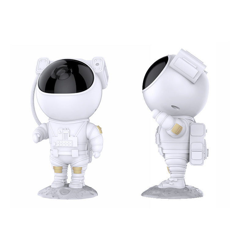"Astronautformet stjerneprojektor med justerbart hode, projiserer stjernehimmel for beroligende romtemaopplevelse."