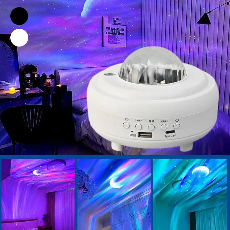 "Auroraprojektor med galakselys i rommet, elegant svart-hvitt design, Bluetooth-høyttaler for dynamisk lysopplevelse."