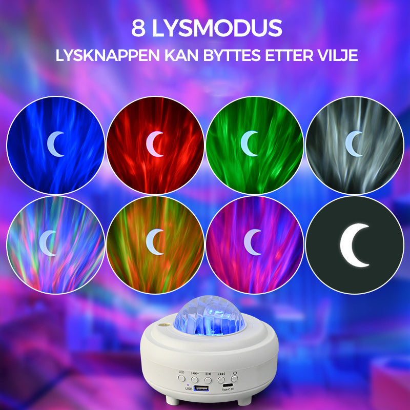"Auroraprojektor med galakselys i rommet, elegant svart-hvitt design, Bluetooth-høyttaler for dynamisk lysopplevelse."