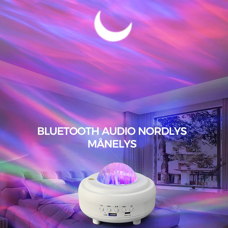"Auroraprojektor med galakselys i rommet, elegant svart-hvitt design, Bluetooth-høyttaler for dynamisk lysopplevelse."