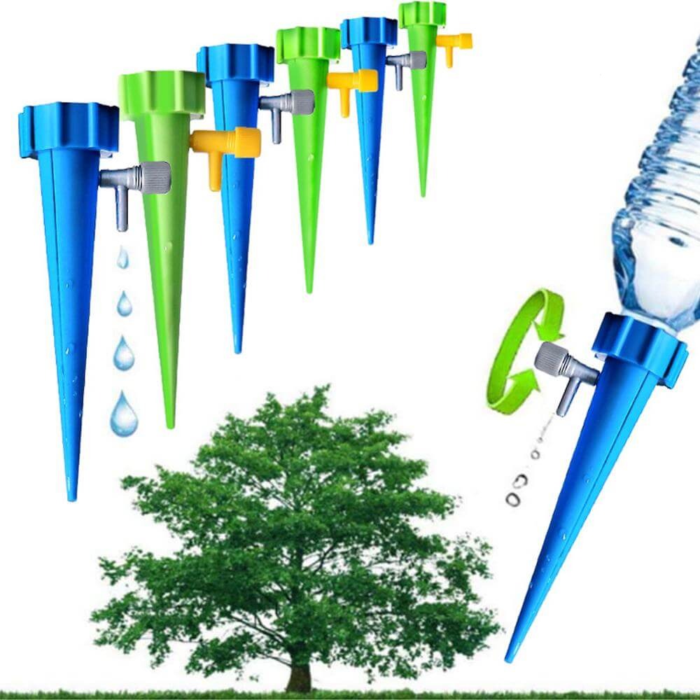 "Automatisk dryppvanning for planter, med justerbar ventil, enkel installasjon og passer vanlige plastflasker."
