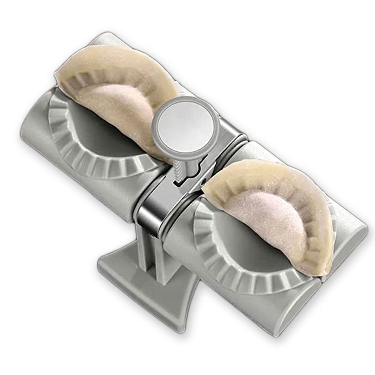 Automatisk dumplingformer i hvitt, et praktisk kjøkkenredskap for rask og enkel matlaging av perfekte dumplings.