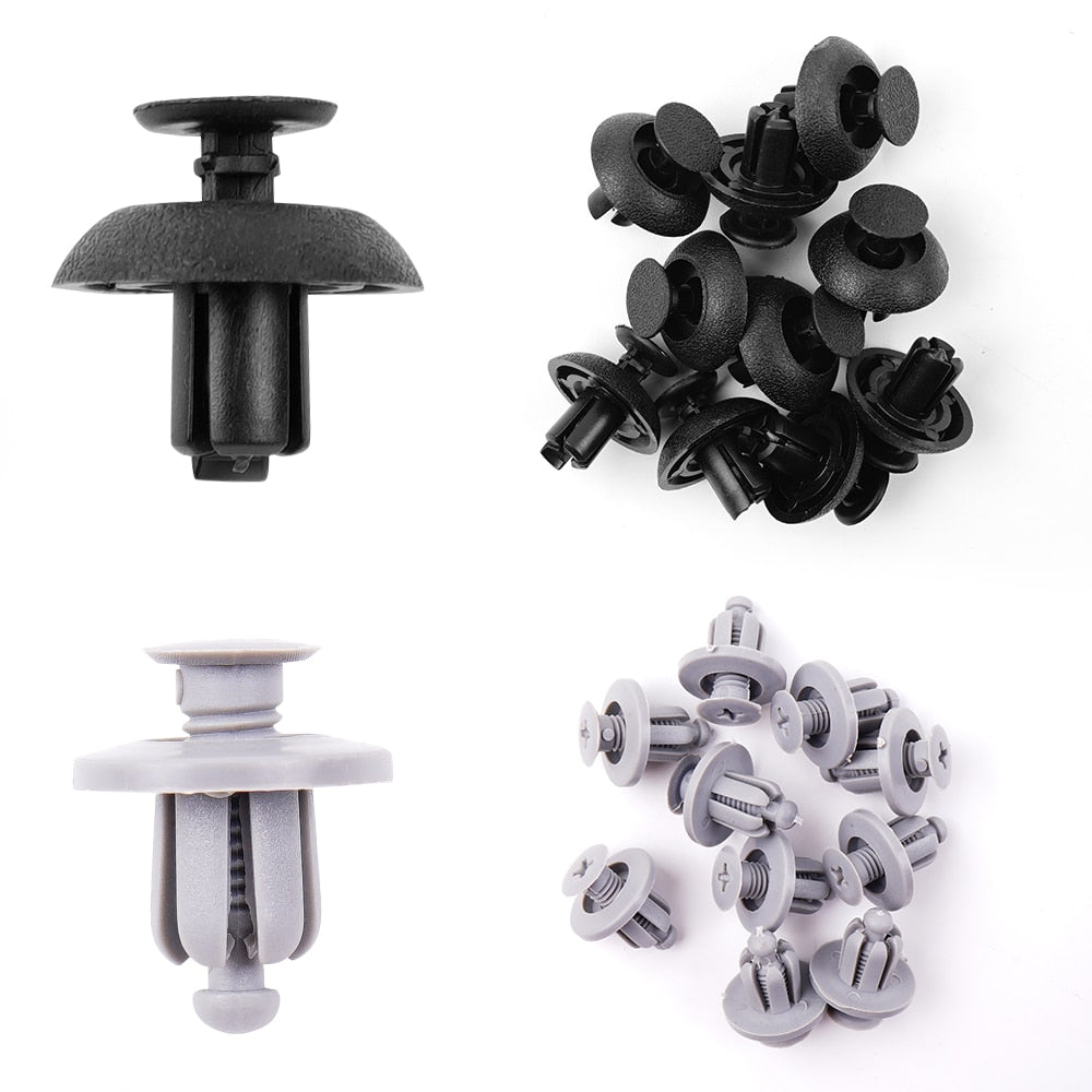 Detaljert sett med plastnagler og festeklips for bildeler. Inkluderer verktøy for effektiv montering av fester.