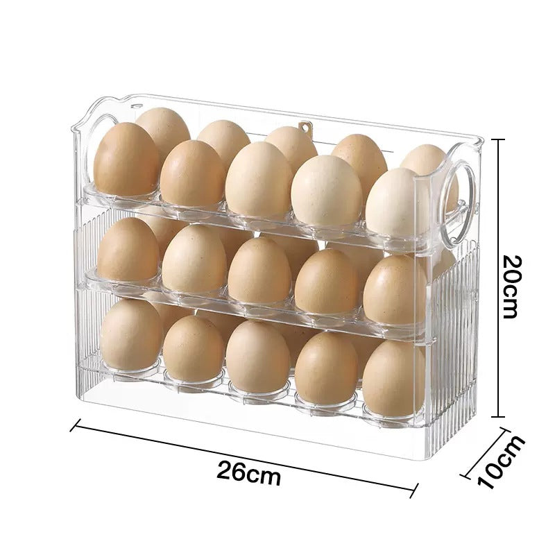Automatisk Flip Egg Oppbevaringsboks for kjøleskap, 30 egg, grønn og transparent PET, ryddig og moderne design.