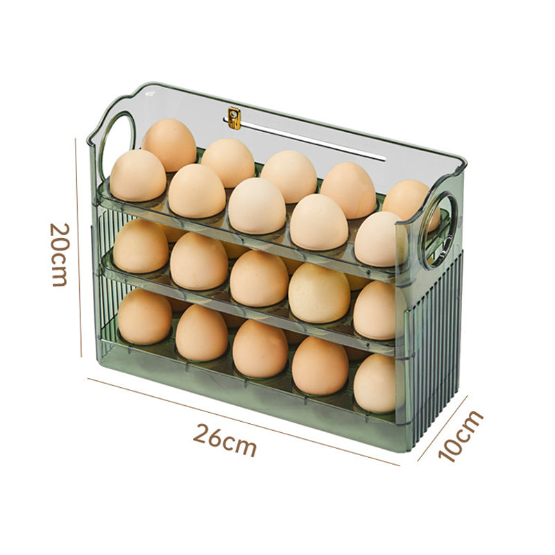 Automatisk Flip Egg Oppbevaringsboks for kjøleskap, 30 egg, grønn og transparent PET, ryddig og moderne design.