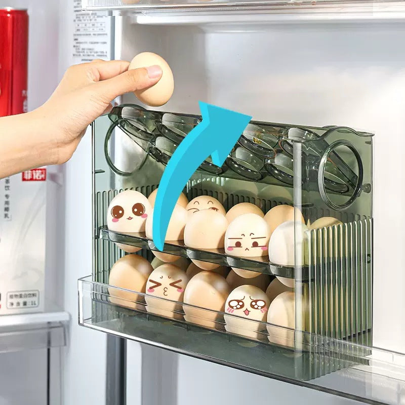 Automatisk Flip Egg Oppbevaringsboks for kjøleskap, 30 egg, grønn og transparent PET, ryddig og moderne design.