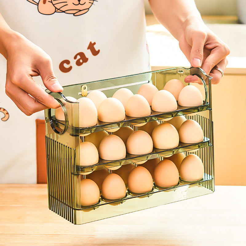 Automatisk Flip Egg Oppbevaringsboks for kjøleskap, 30 egg, grønn og transparent PET, ryddig og moderne design.