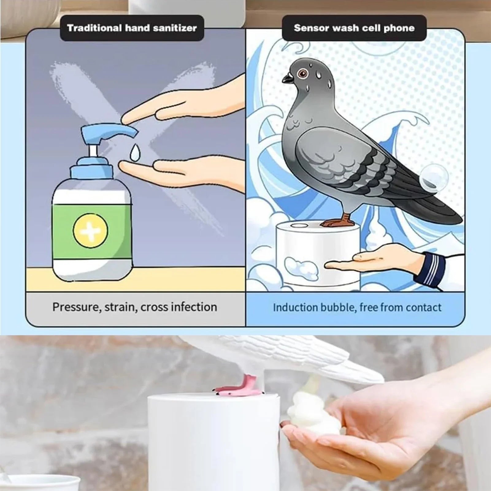 Moderne automatisk såpedispenser med sensor for berøringsfri bruk. Gir skummende såpe, fremmer hygiene i hjemmet.