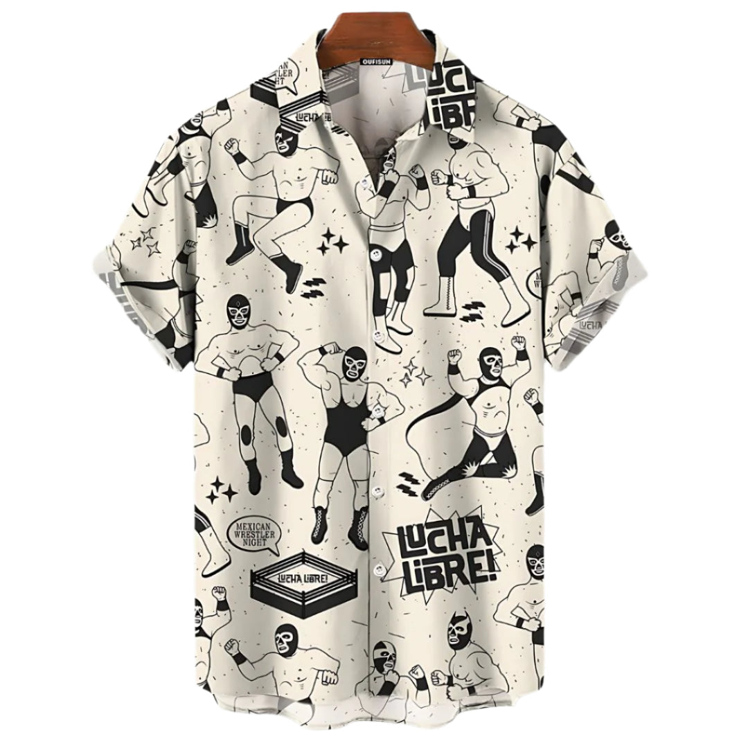 Avslappet herre luchador skjorte i offwhite med mønstret design. Perfekt sommerplagg med unik stil og pustende komfort.