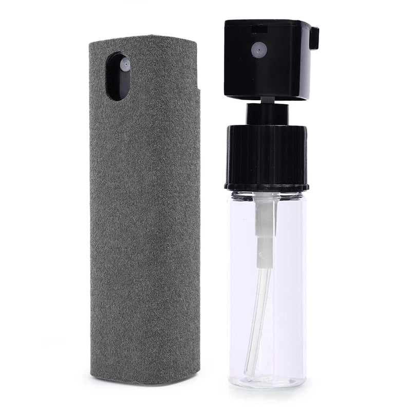Bærbar 2-i-1 skjermrenser med spray & mikrofiberklut for effektiv rengjøring av mobil, nettbrett, dataskjerm.
