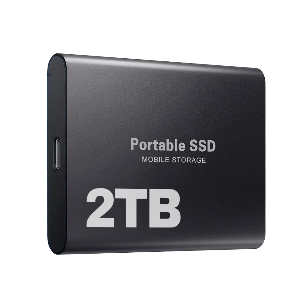 Sideansikt av kompakt 2TB ekstern SSD med USB-C, understreker bærbarhet og design