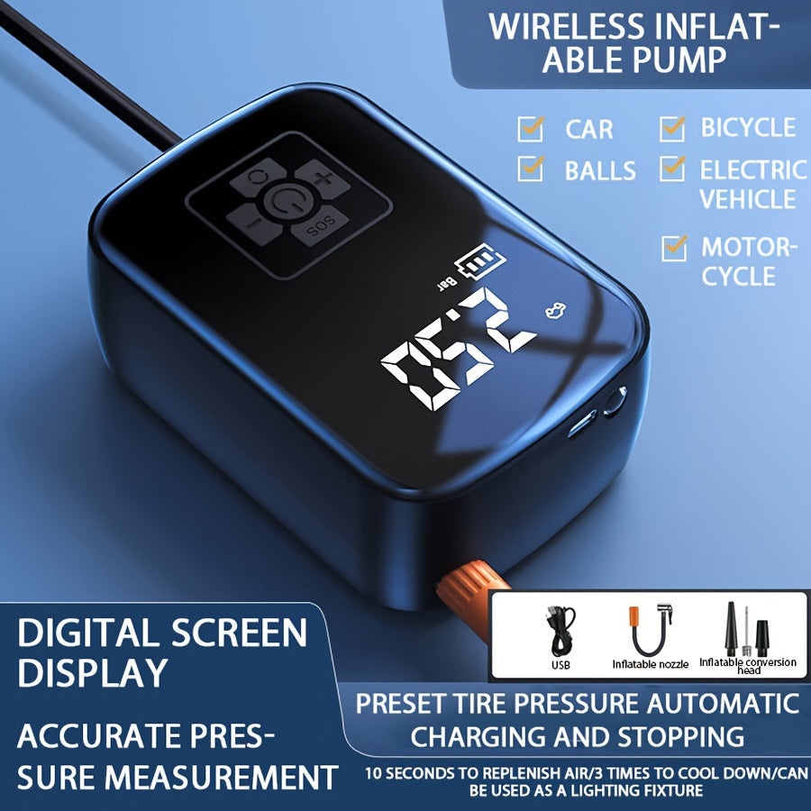 Digital luftkompressor for biler, sykler og sportsutstyr, med LED-lys og kompakt design.