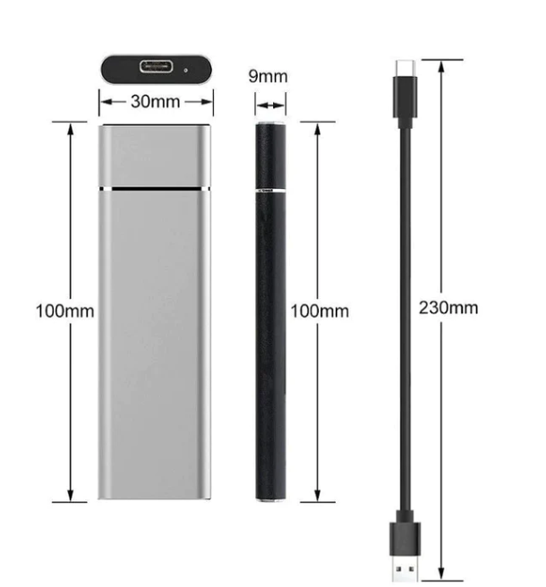 Aluminium ekstern harddisk og USB-kabel, ferdig for høyhastighets plug-and-play dataoverføring og lagring.