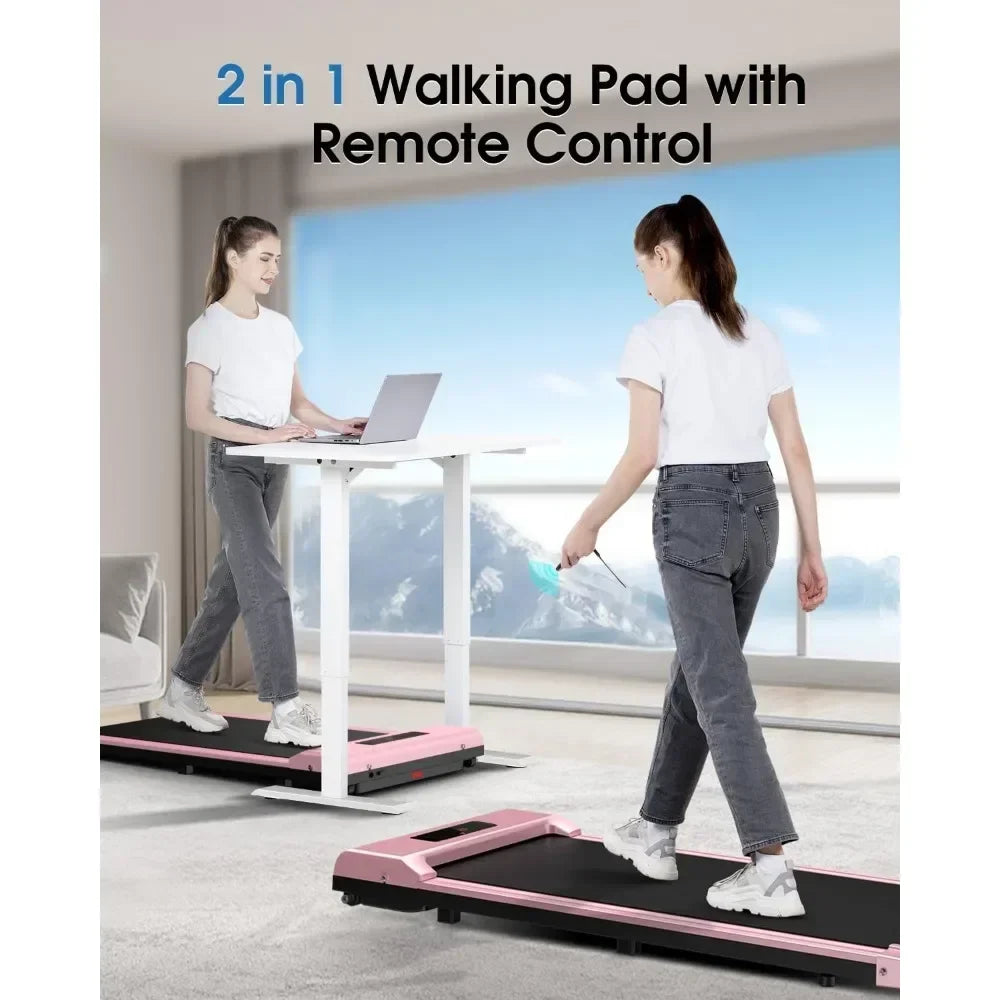 Kompakt flat tredemølle under et kontorbord. Ideell for kontortrening og aktivt arbeid.