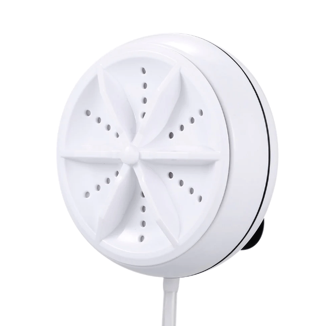 Hvit bærbar ultralyd vaskemaskin med smart design, ideell for vask av undertøy og sokker.