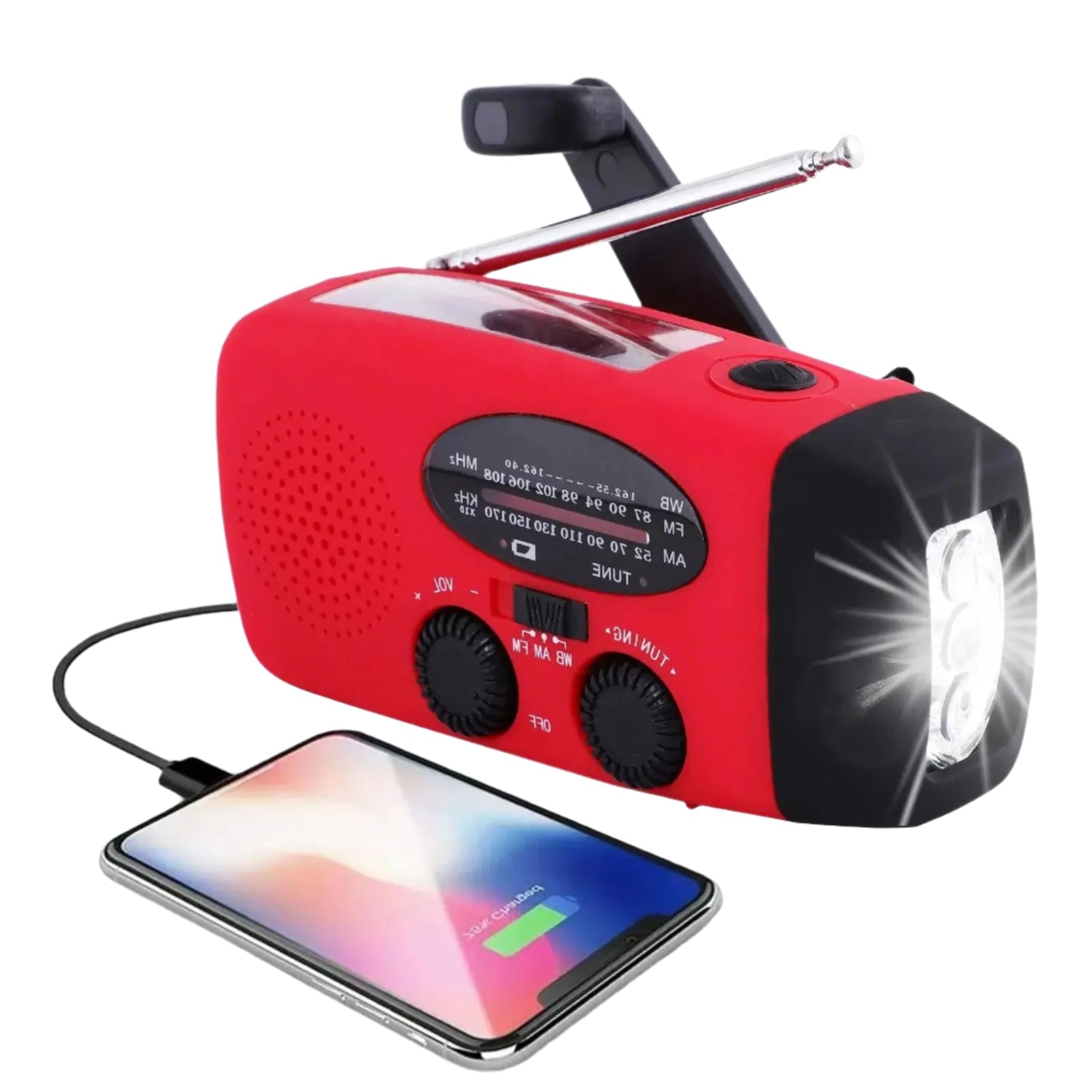 Bærbar nødradio med AM/FM, håndsveiv, solcellepanel, LED-lommelykt og powerbank for beredskap og utendørs bruk.
