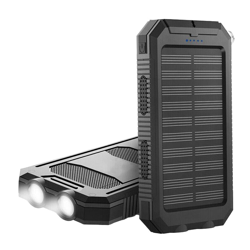 Bærbar solenergibank med dobbel USB-port og LED-lommelykt, perfekt for camping og utendørsbruk.